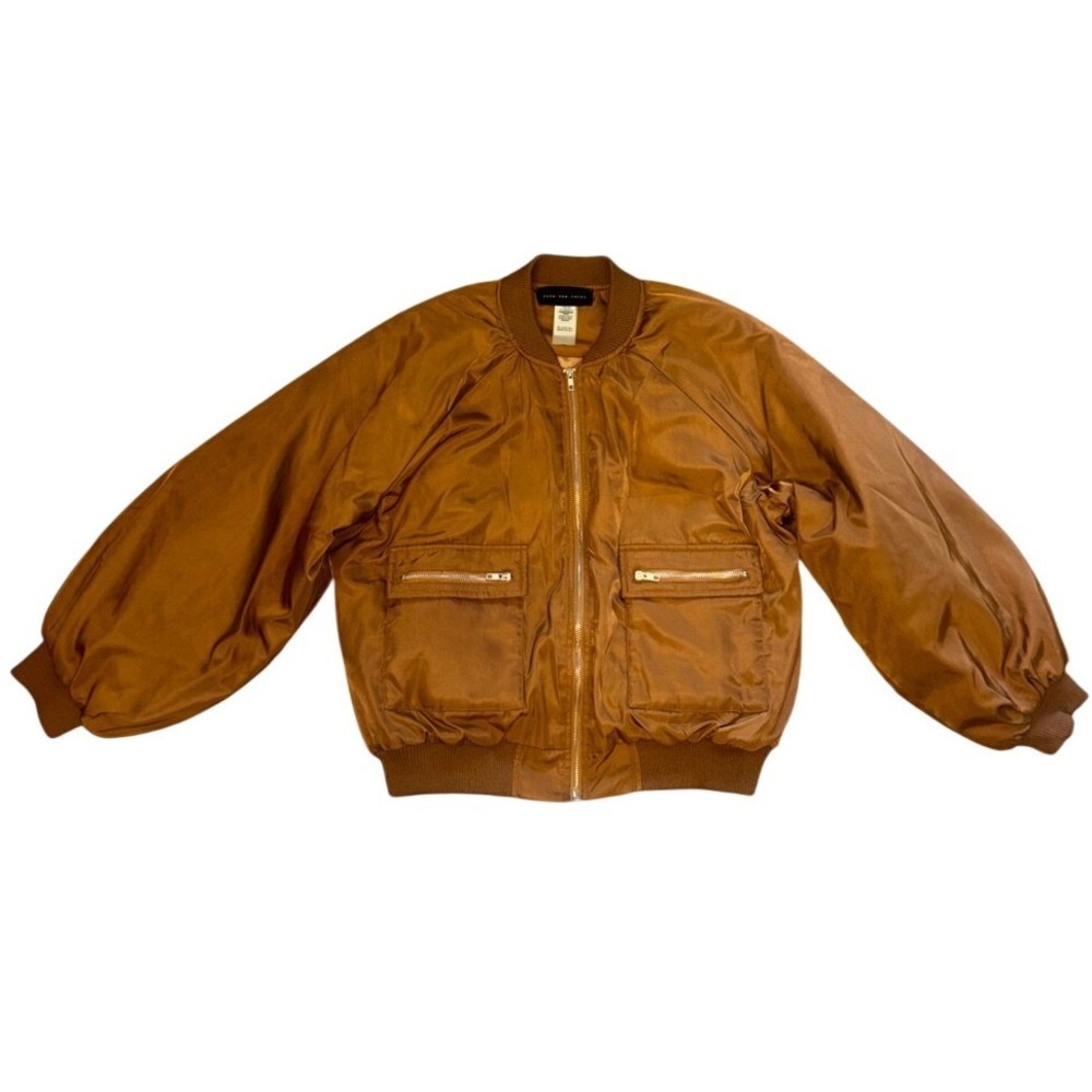 Know One Cares Bronze Satin Quilted Bomber Jacket Large GSJ651B Oversized Zip Up